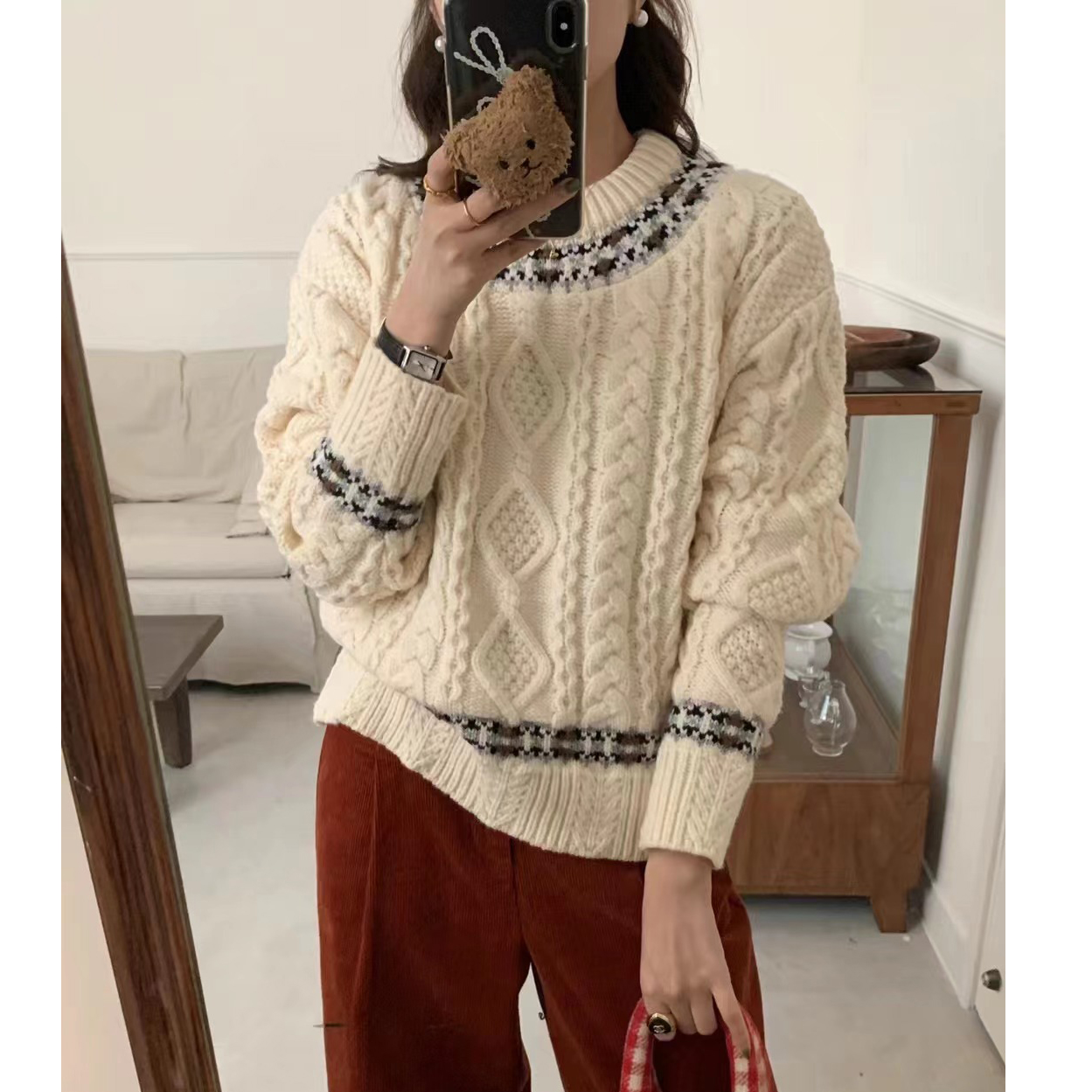 法式復古刺繡套頭毛衣女秋冬2023新款寬鬆慵懶內搭針織衫韓系上衣