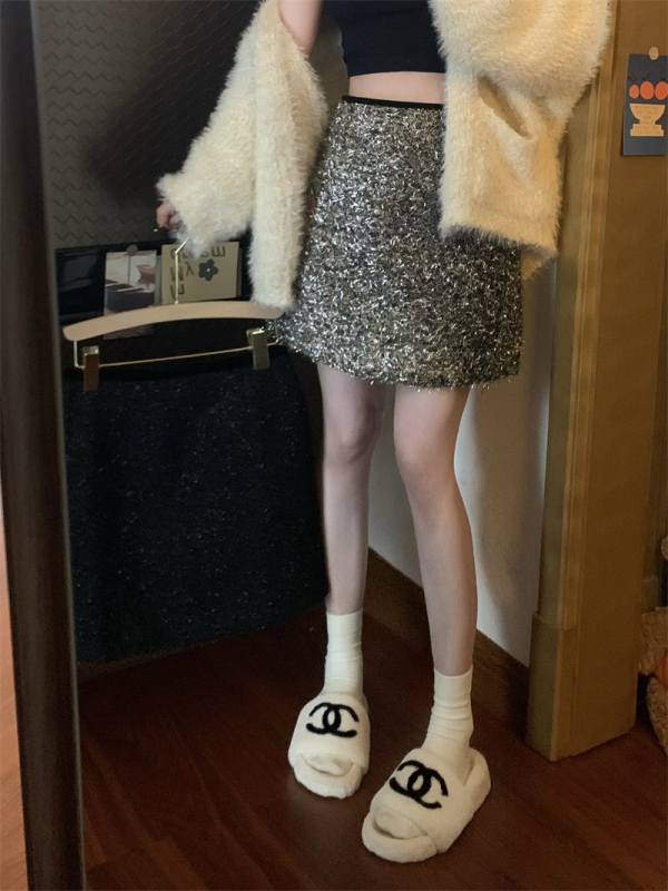 Actual shot of autumn and winter high-end sequined pure lust style high-waist slim A-line hip skirt skirt