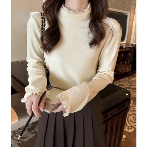 French style half turtleneck bottoming shirt T-shirt for women in autumn and winter lace splicing long-sleeved German velvet inner top