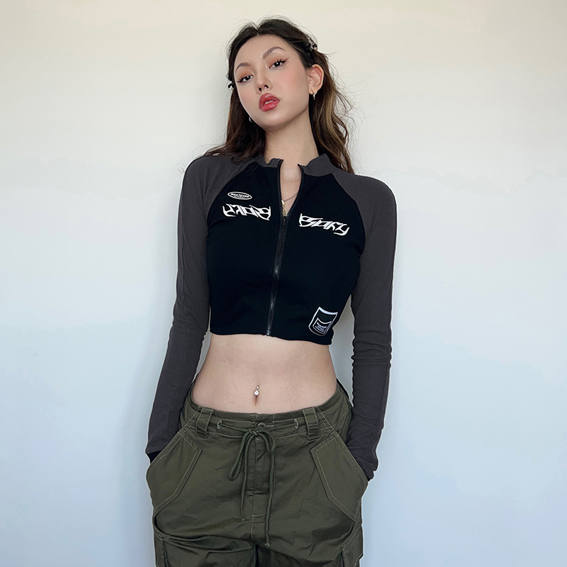 Hot girl street motorcycle handsome zipper half turtleneck short top for women niche print contrast color long sleeves