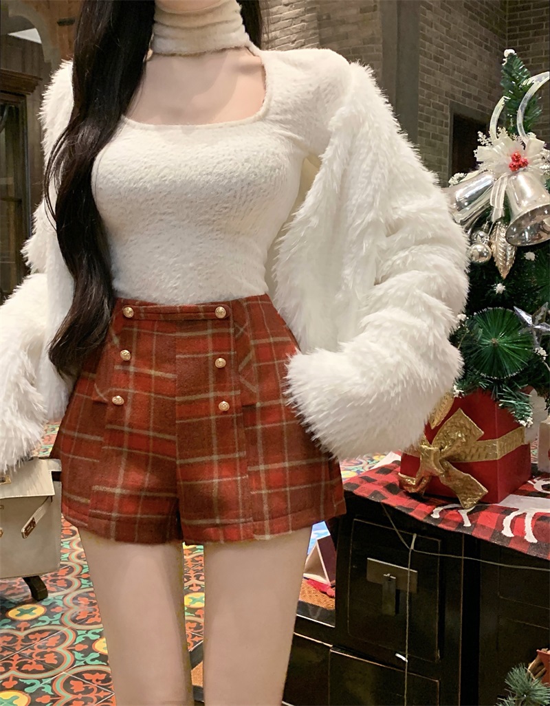 實拍！！復古毛呢休閒短褲女裝冬季高腰顯瘦靴褲紅色百搭熱褲