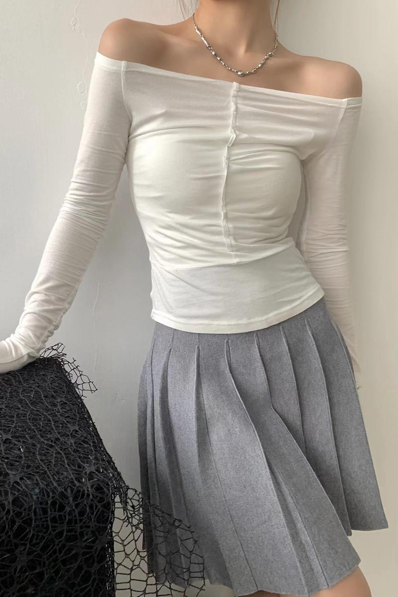 Official photo 6535 stretch cotton pure lust wind self-scented one-shoulder elastic chest pleated T-shirt