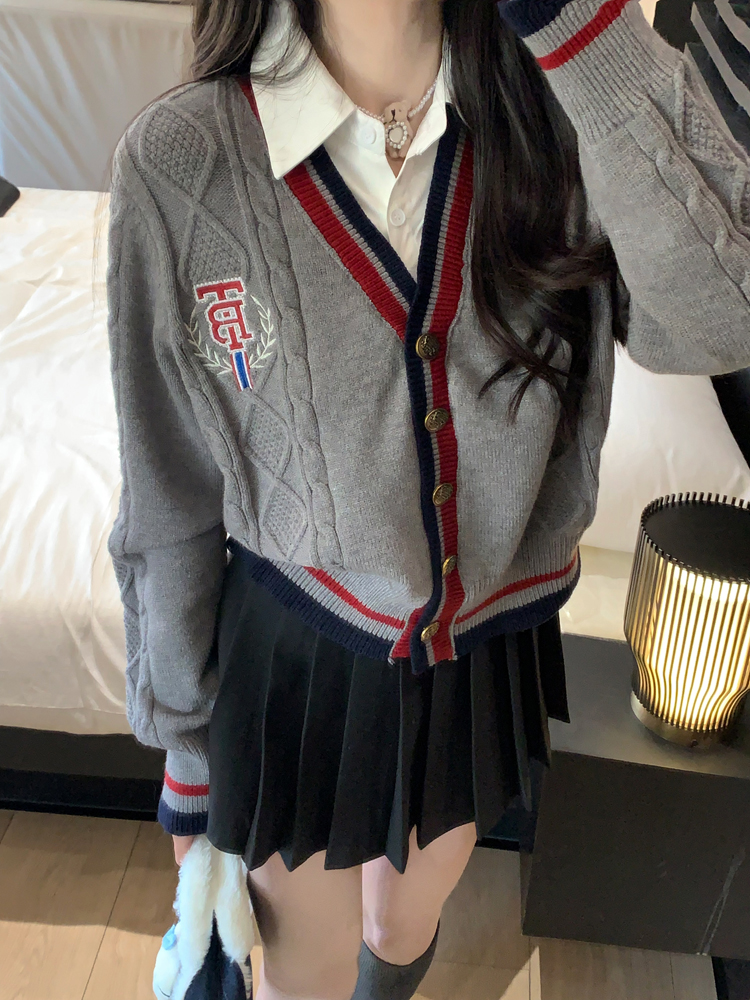 實拍 小個子學院風高校假兩件撞色毛衣外套