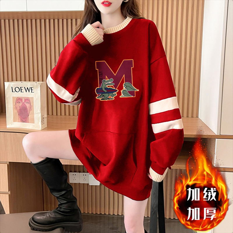 首發仿華棉復貝貝絨加絨加厚立體袋2024新年連帽衛衣女