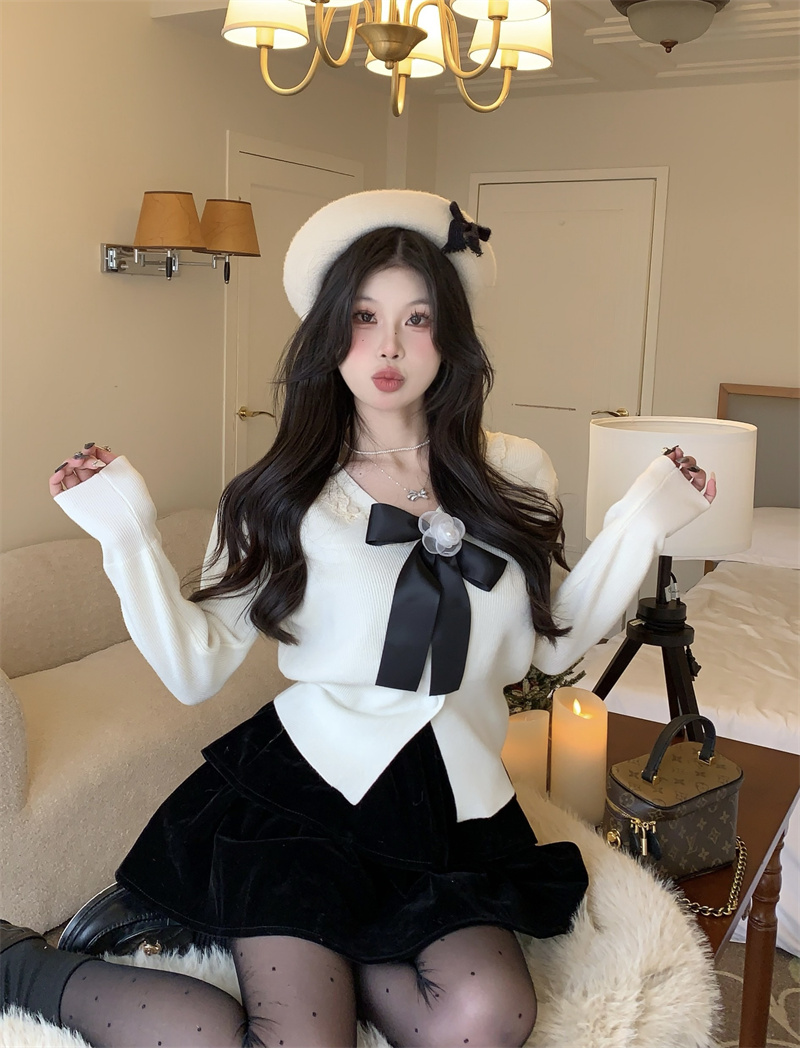 實拍 新款小香風花邊V領設計感蝴蝶結單排扣顯瘦針織衫毛衣女