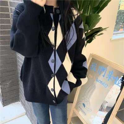 College style rhombus color-blocked knitted cardigan jacket Hong Kong style retro loose versatile patchwork contrasting sweater mid-length
