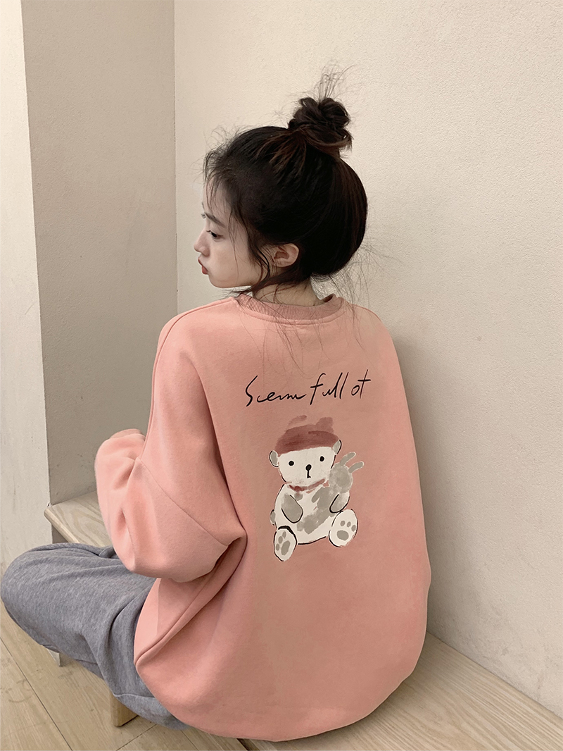 原創~實拍~水彩小熊印花加絨加厚圓領衛衣