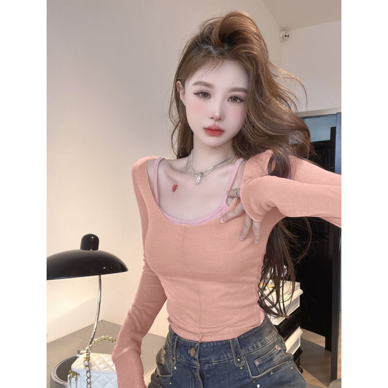 40 count modal 260g rayon pure sexy hottie style pink long-sleeved T-shirt for women autumn sexy slim top