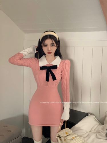 Real shot of knitted dress for women in autumn and winter, college style skirt with Polo collar and long-sleeved sweater skirt