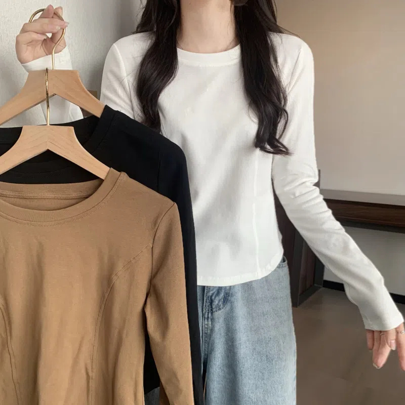 5 colors pure lust style herringbone line long-sleeved T-shirt women's tops spring, autumn and winter slimming personality niche inner layering shirt