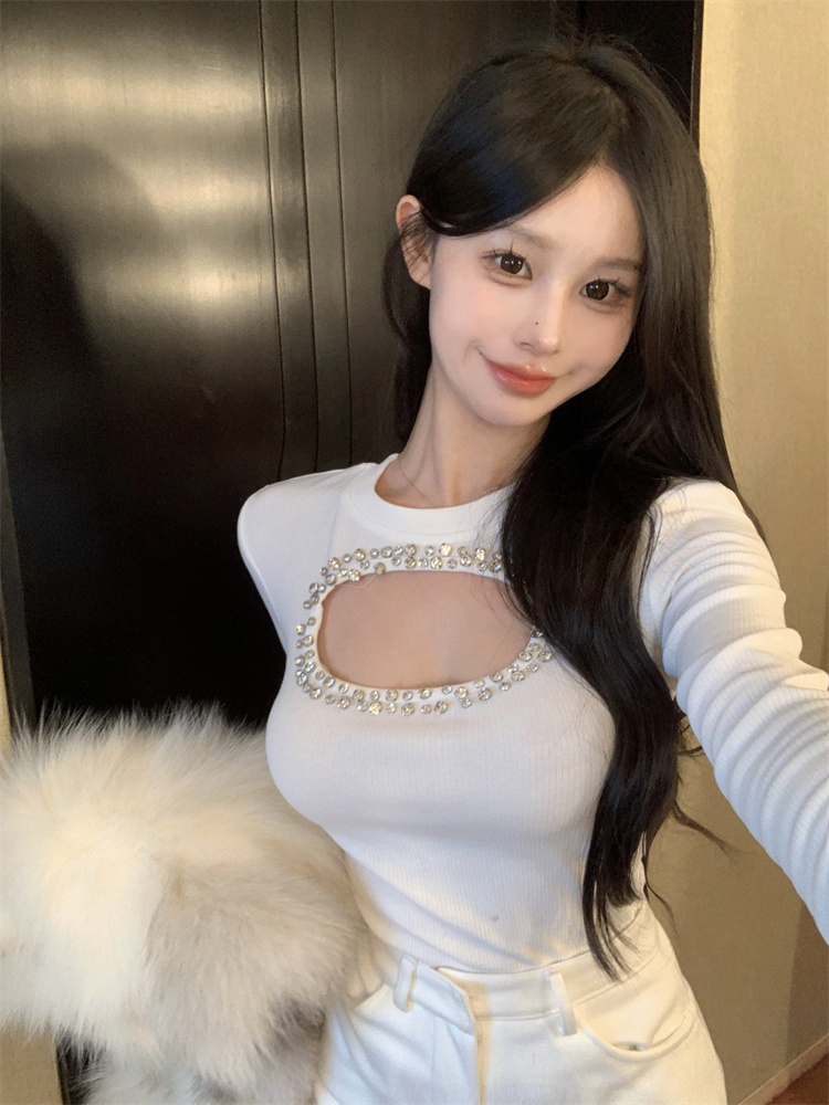 Actual shot of new autumn and winter sexy rhinestone bottoming shirt slimming top
