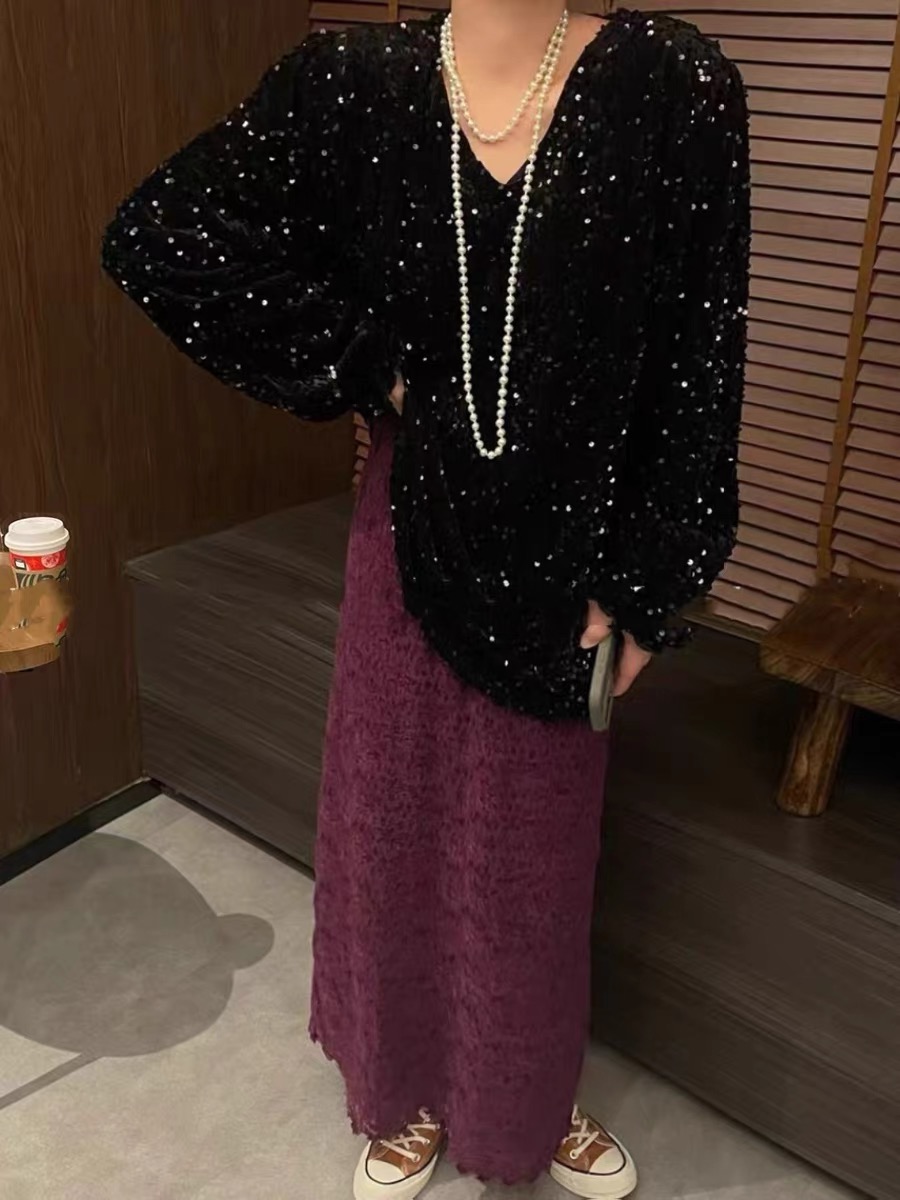 Korean solid color sequined velvet thickened V-neck shirt for women 2024 new style high-end lazy style trendy top