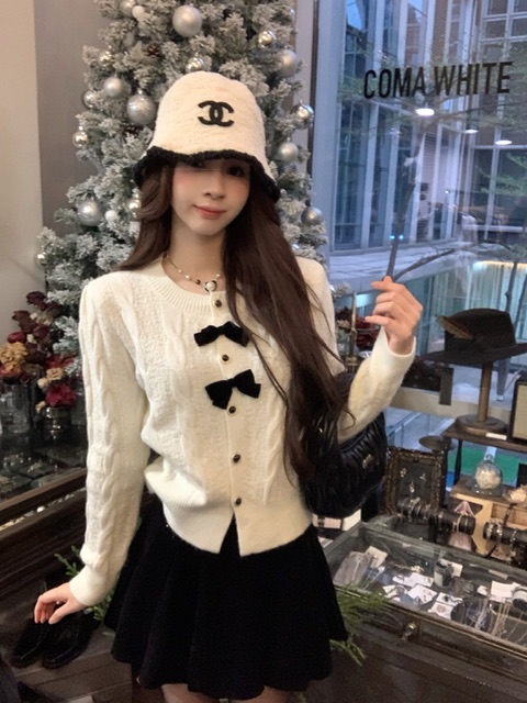 實拍 新款甜美小香風蝴蝶結麻花加厚細閃亮絲針織毛衣開衫