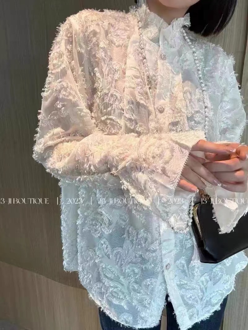 褶皺刺繡立領襯衫女歐貨2024春裝新款設計感小眾顯瘦法式長袖上衣