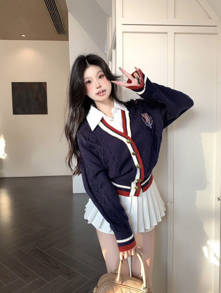 實拍 小個子學院風高校假兩件撞色毛衣外套