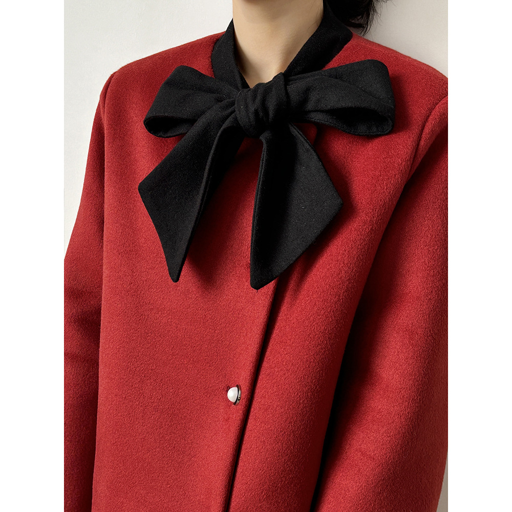 Actual shot ~ Christmas and New Year small fragrance contrast color bow woolen coat winter loose warm down jacket