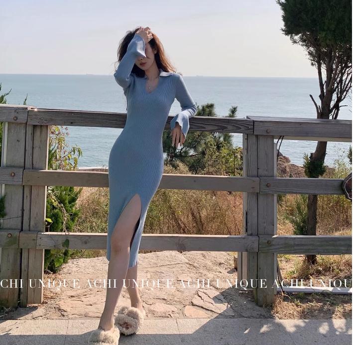 Gentle style v-neck knitted dress for women in autumn, long-sleeved, slim-fitting with slits, slimming waist and hip-hugging skirt