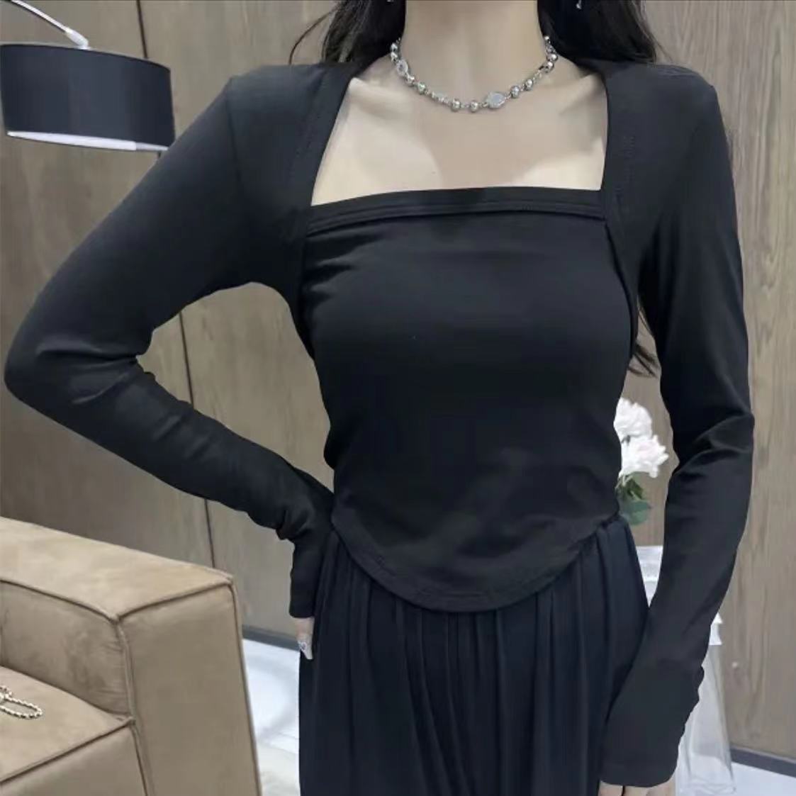 Milk silk square neck student top women's short hot girl slim bottoming shirt with long sleeve t-shirt for women ins