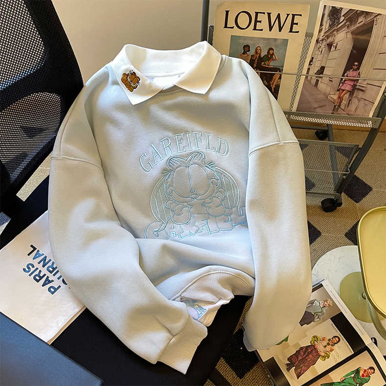 淺藍色假兩件刺繡加菲貓翻領衛衣女秋冬oversize寬鬆加絨加厚上衣