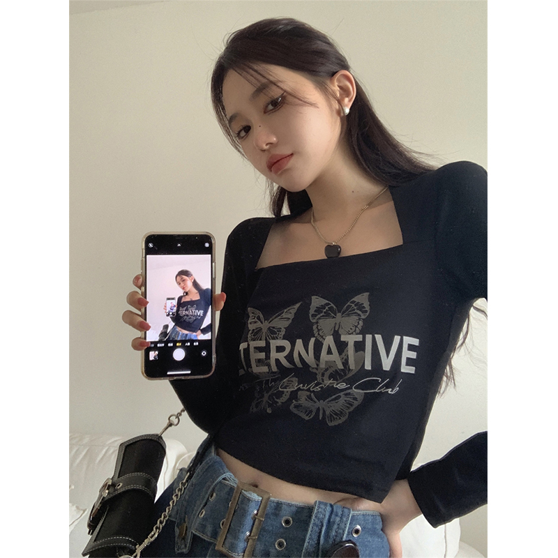 Official picture 6535 stretch cotton hot girl square collar short T-shirt women's spring new style slim fit