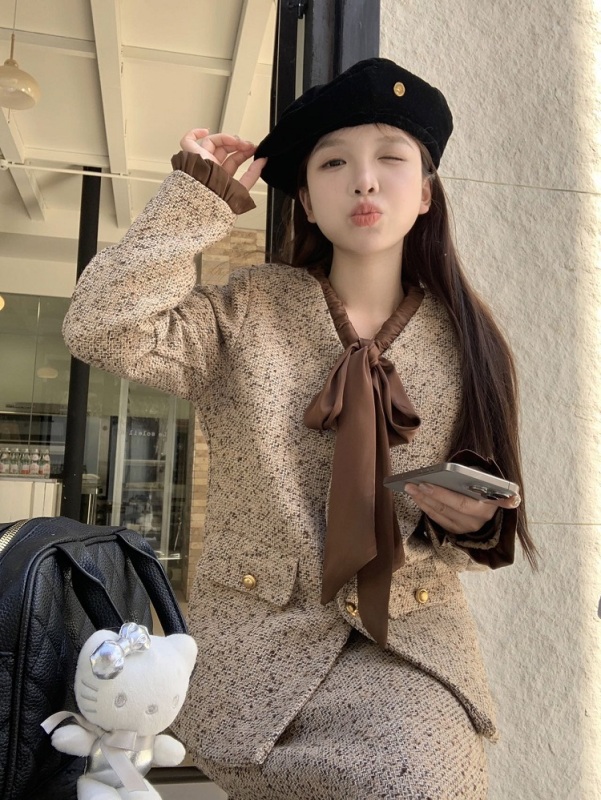 實拍 美拉德撞色拼接粗花呢套裝冬季新款蝴蝶結小香風外套包臀裙
