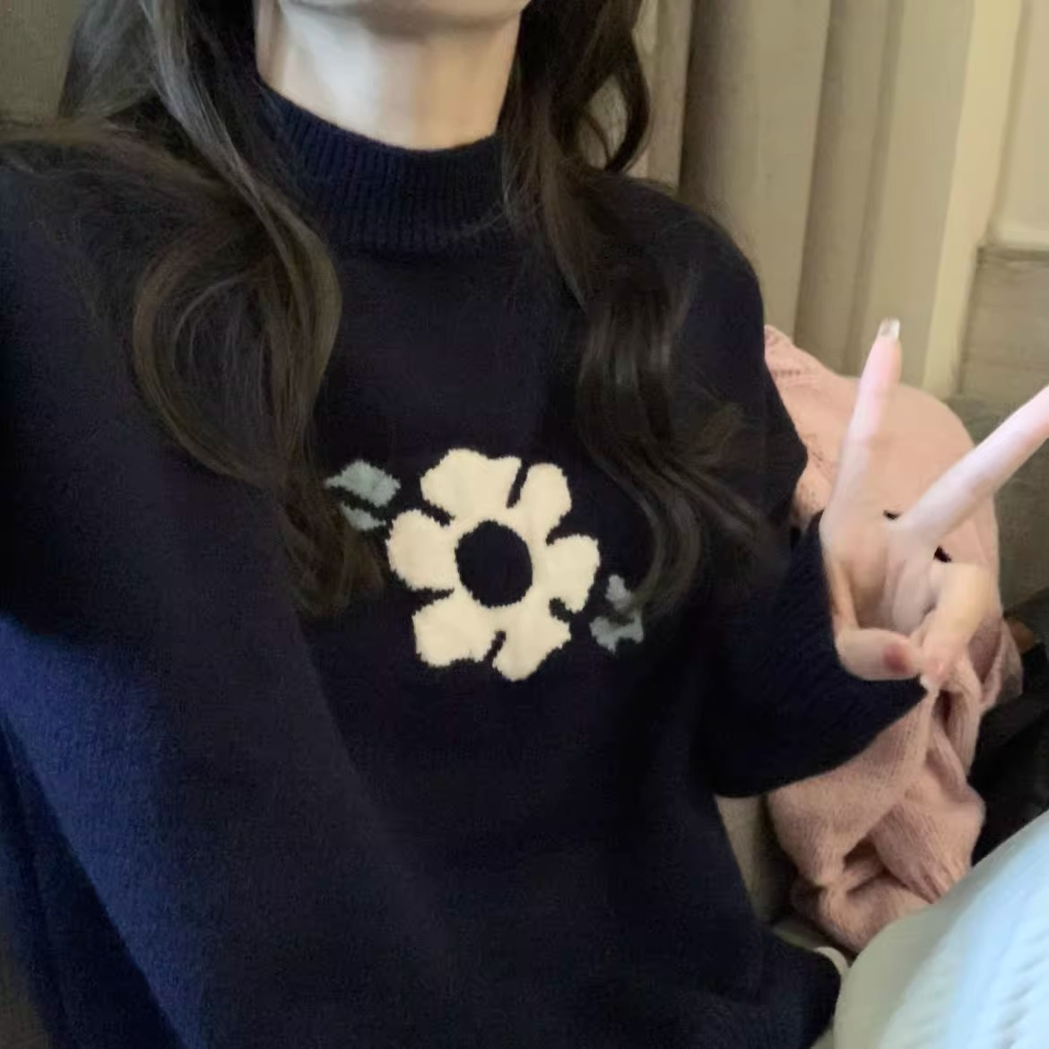 Sheep wool 2024 autumn and winter new style jacquard loose pullover half turtleneck small flower knitted sweater