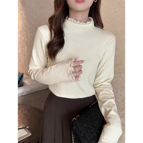 French style half turtleneck bottoming shirt T-shirt for women in autumn and winter lace splicing long-sleeved German velvet inner top