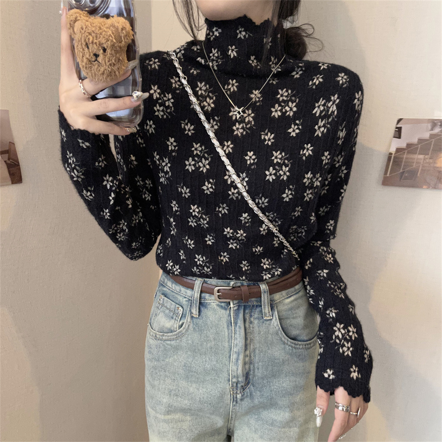 實拍小眾碎花長袖針織衫女冬高領打底衫修身套頭加厚上衣