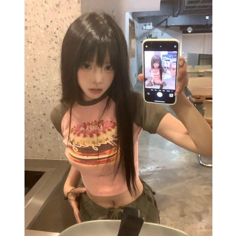官圖 6535拉架棉 美式復古撞色短袖印花T恤女夏季小個子辣妹