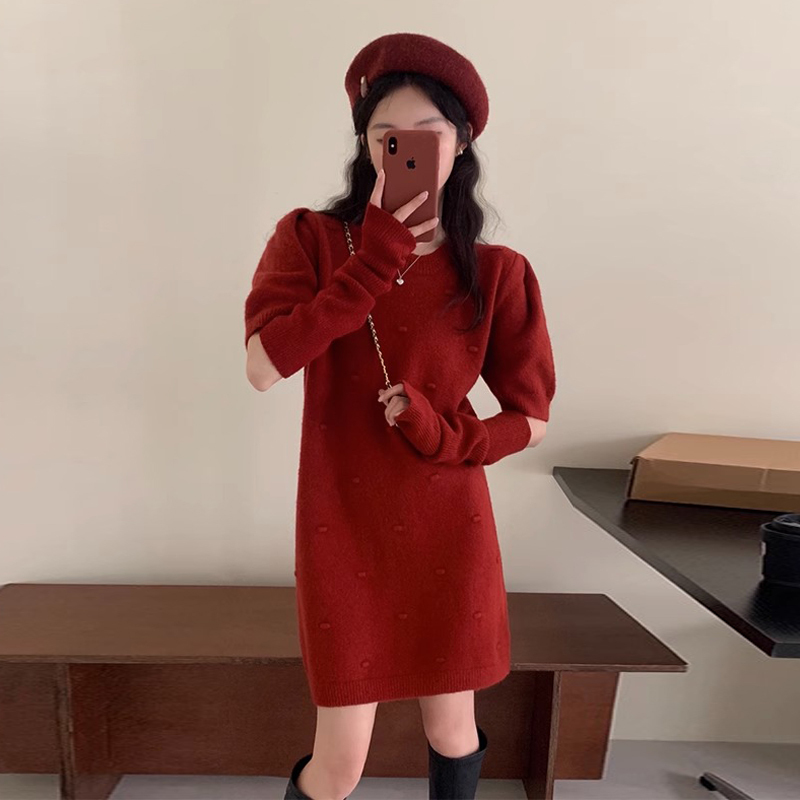 小個子聖誕戰袍紅色毛衣裙打底內搭針織連衣裙子女2023秋冬季新款