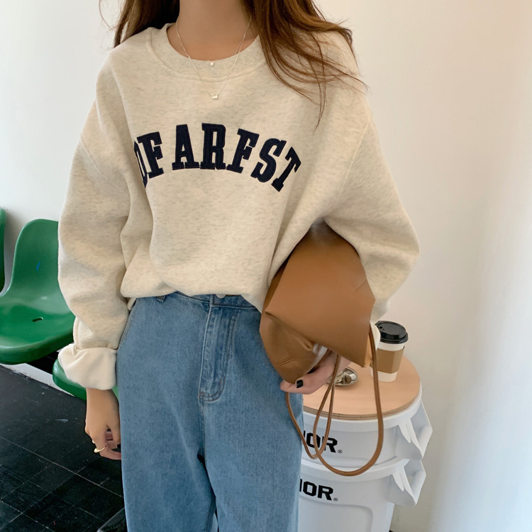滌魚鱗刺繡字母薄款衛衣女寬鬆圓領長袖上衣女