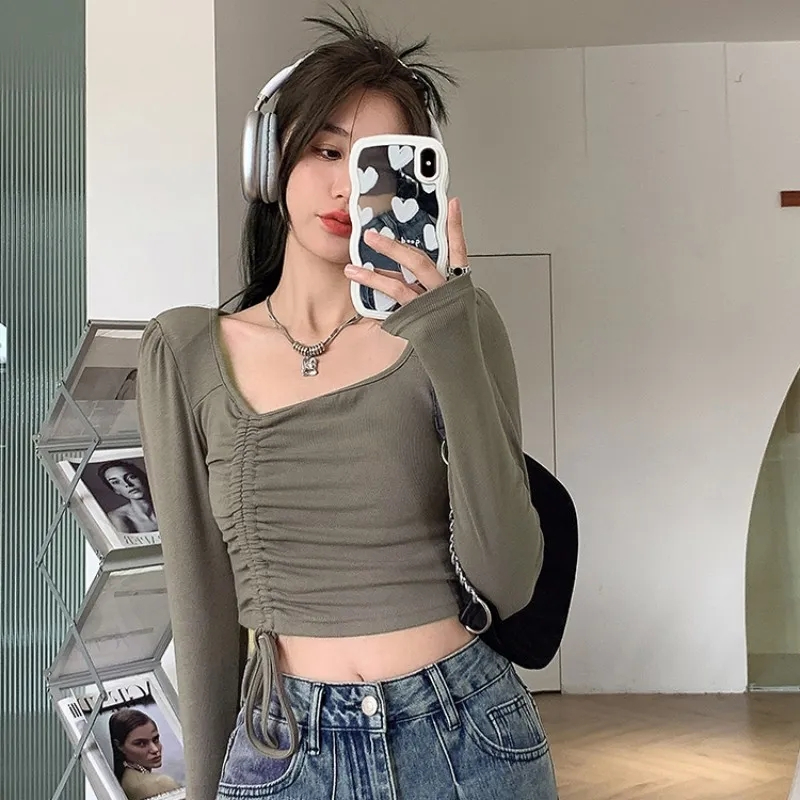 Designed drawstring t-shirt for women in spring 2023 new fat mm pure lust style chic inner short long-sleeved top