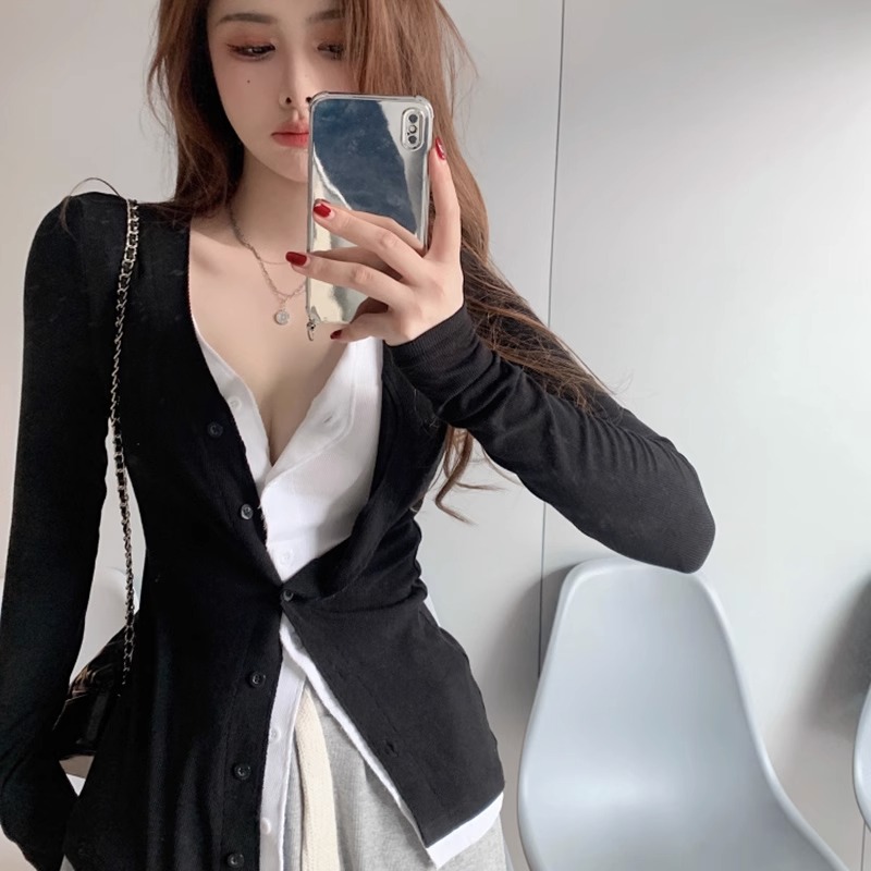 Official photo imitation cotton 280 Crow pattern sexy low collar bottoming shirt for women to wear with foreign style fake two pieces in autumn