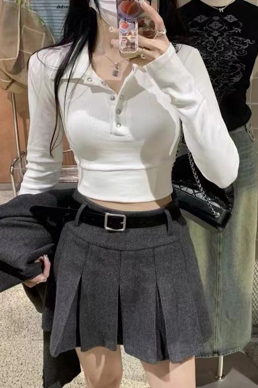 Thick POLO collar hot girl short style women's early autumn thin pure desire inner layering shirt niche chic long-sleeved top