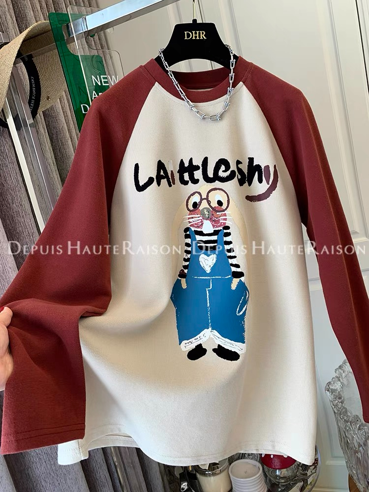 Official picture extra large size 300 pounds contrasting color brushed thickened long-sleeved T-shirt lazy style 2023 new style