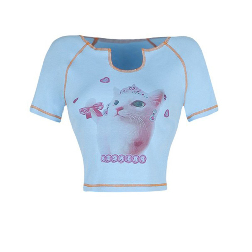 Official picture 6535 stretch cotton summer sweet and spicy cat print short t-shirt summer niche design