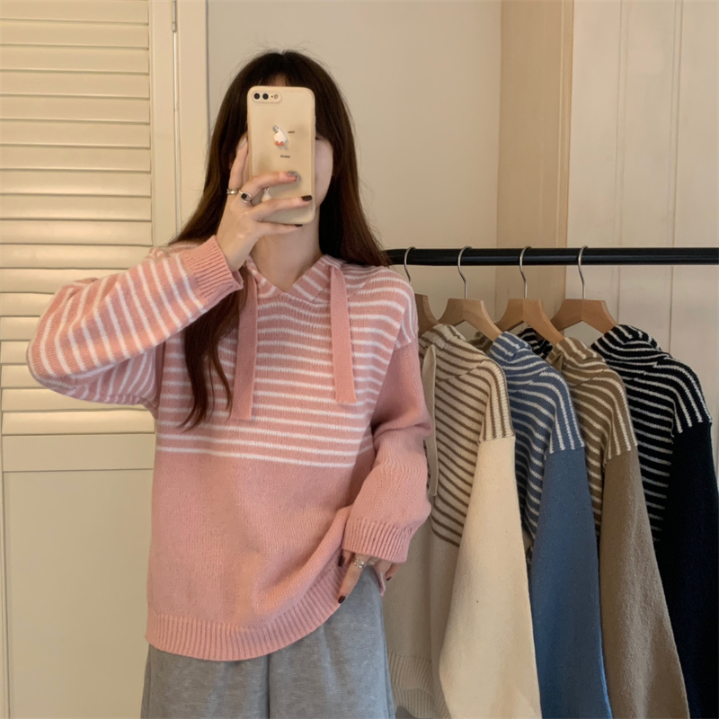 實拍 秋冬新款韓版撞色條紋連帽針織衫顯瘦毛衣女
