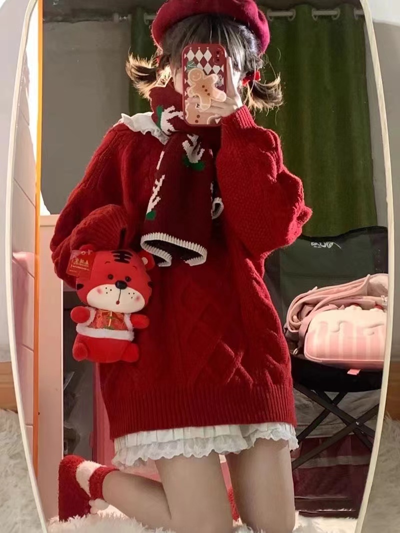 紅色麻花套頭毛衣女秋冬聖誕新年寬鬆慵懶風圓領針織加厚打底外穿