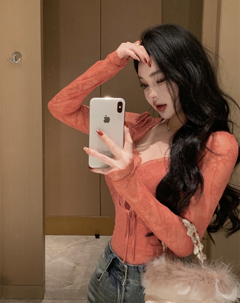 實拍 秋冬紅色純欲辣妹蕾絲綁帶收腰長袖上衣御姐V領內搭女