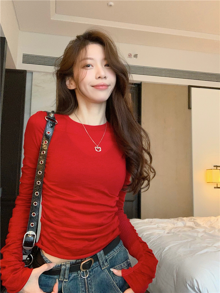 實拍~聖誕紅色拼接抽皺針織衫女冬季設計感內搭修身上衣