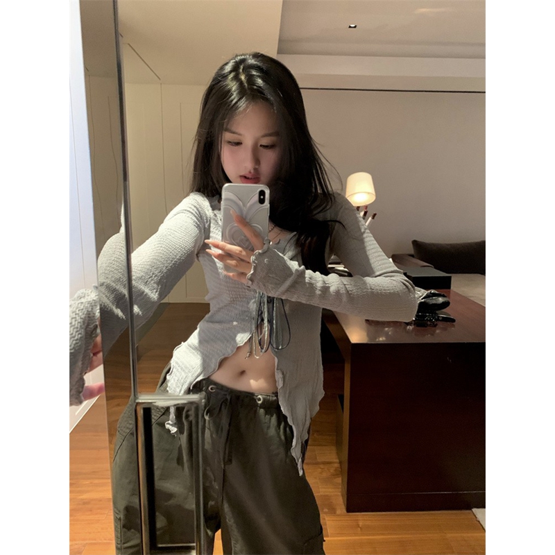 Official picture, original quality, hot girl gray inner wear, slim fit niche design, irregular strapped long sleeves