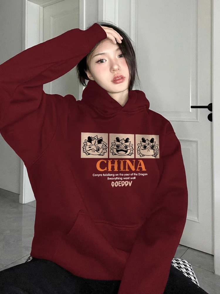 CVC棉麵食毛華棉複合/牛奶絲300克銀狐絨400克前 印花連帽衛衣女