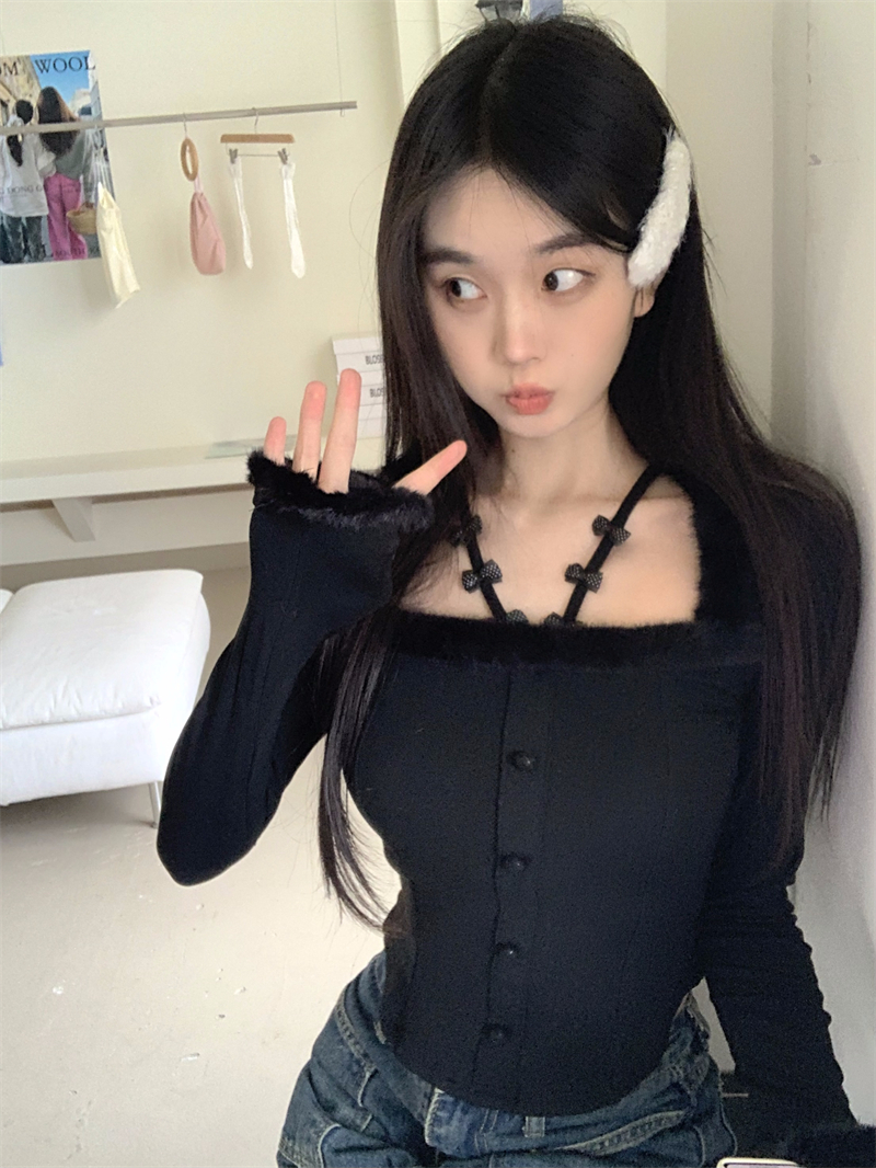 Actual shot Autumn and winter design pure desire halterneck suspender furry splicing sexy bottoming shirt top for women