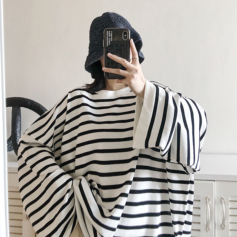 Official photo 100% fiber Korean style autumn loose large cuffs black and white striped mid-length top