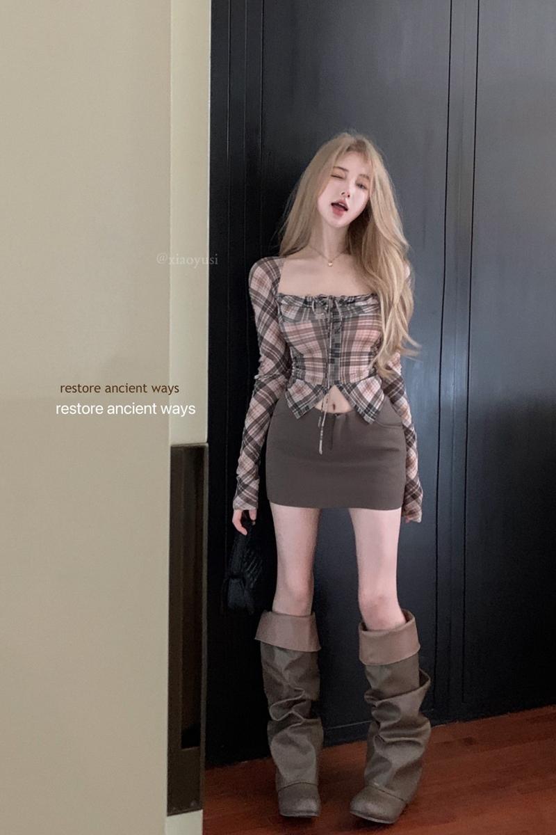 Official picture quality 95 polyester 5 spandex hot girl square collar plaid shirt for women in autumn
