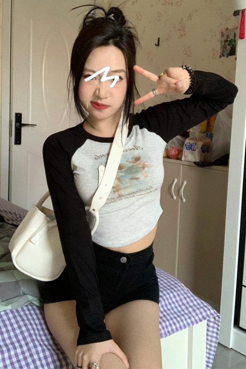 Official picture 6535 stretch cotton contrasting color splicing long-sleeved women's T-shirt autumn short style navel exposed angel