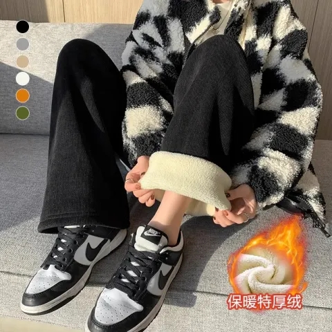 闊腿褲女2023秋冬裝加絨燈芯絨韓版高腰垂感直筒休閒潮羊羔絨褲子