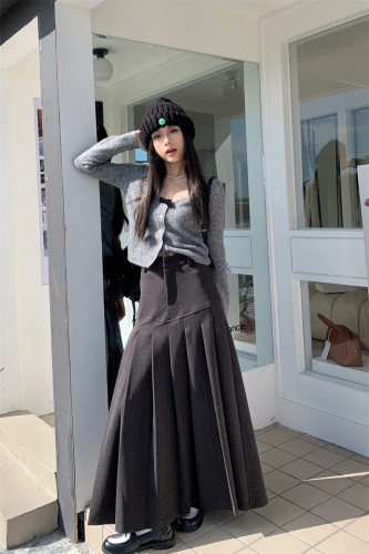 Actual shot of new woolen feel A-line skirt for women in winter split design retro slimming pleated skirt