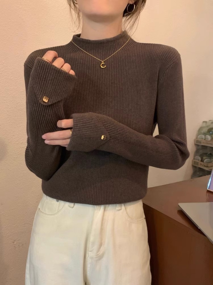 咖色半高領針織打底衫女秋冬修身內搭東莞大朗毛衣美拉德義烏上衣