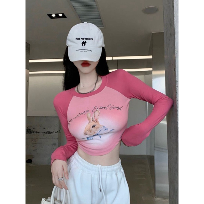 Official picture 6535 stretch cotton rose pink cartoon long-sleeved T-shirt for women in autumn and winter unique and unique bottoming shirt